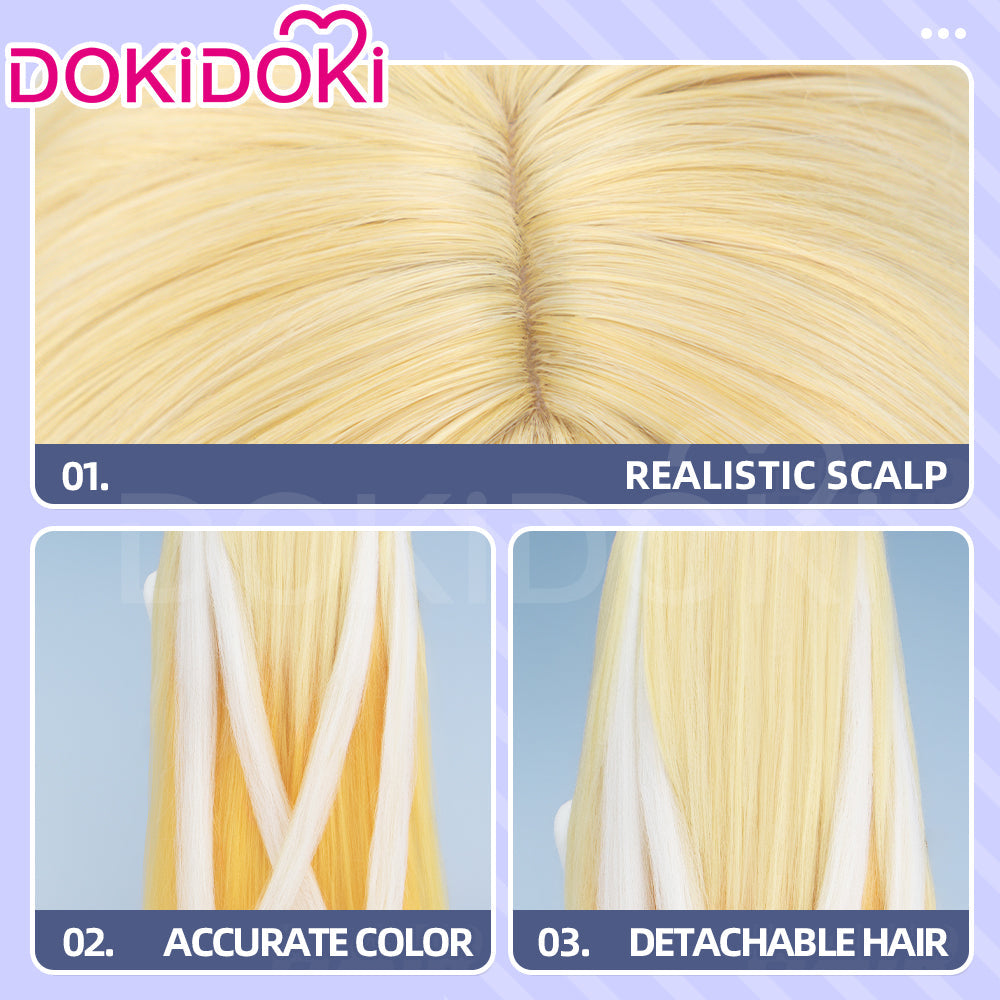 【Ready For Ship】【120CM】DokiDoki Game Genshin Impact Cosplay Rhinedottir Wig Gold “ R ” Long Straight Blond Hair Song of the Welkin Moon