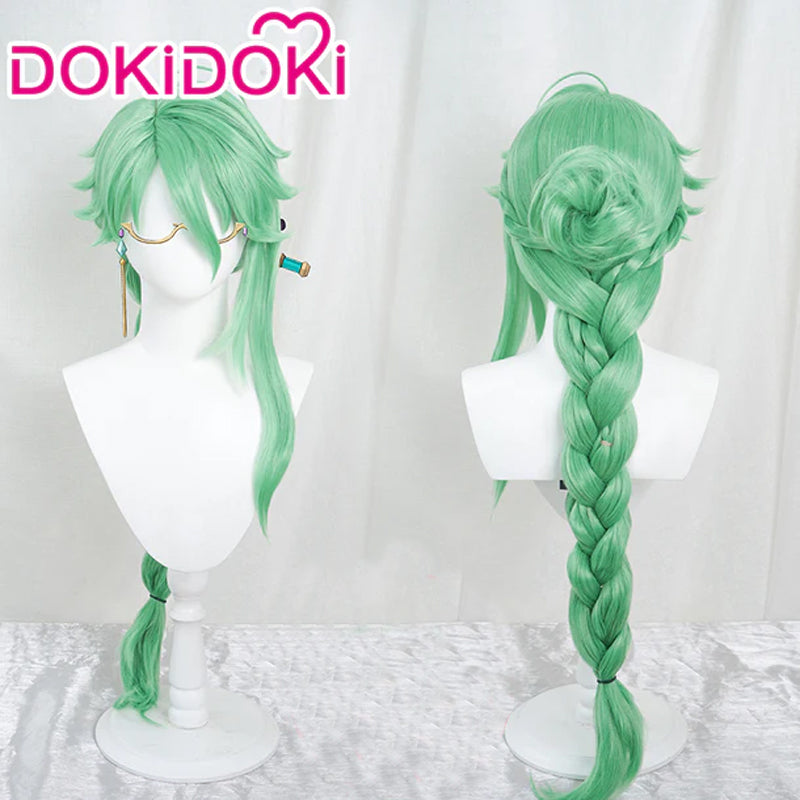 【Ready For Ship】DokiDoki Game Genshin Impact Bai Zhu Cosplay Long Green Curly Wig/ Glasses Baizhu