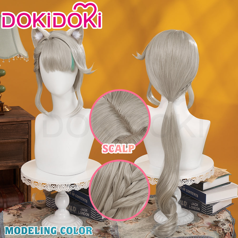 DokiDoki Game Genshin Impact Cosplay Fontaine  Lynette Wig Silver Cute Green Hight Hair/ Wefts/Tattoo Sticker