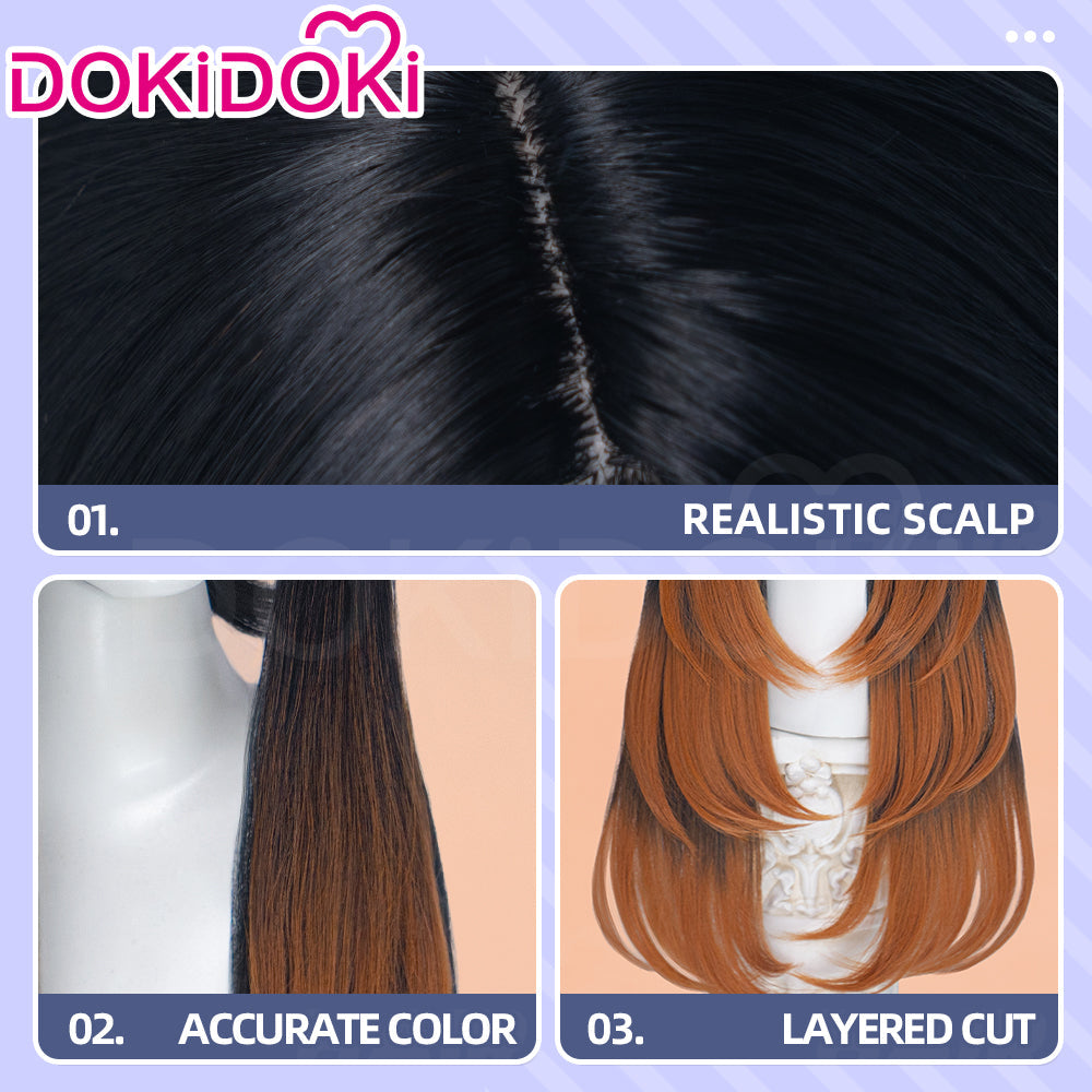 DokiDoki Anime GACHIAKUTA Cosplay Amo Wig / Tattoo Long Black Copper Brown Straight Gradient Hair
