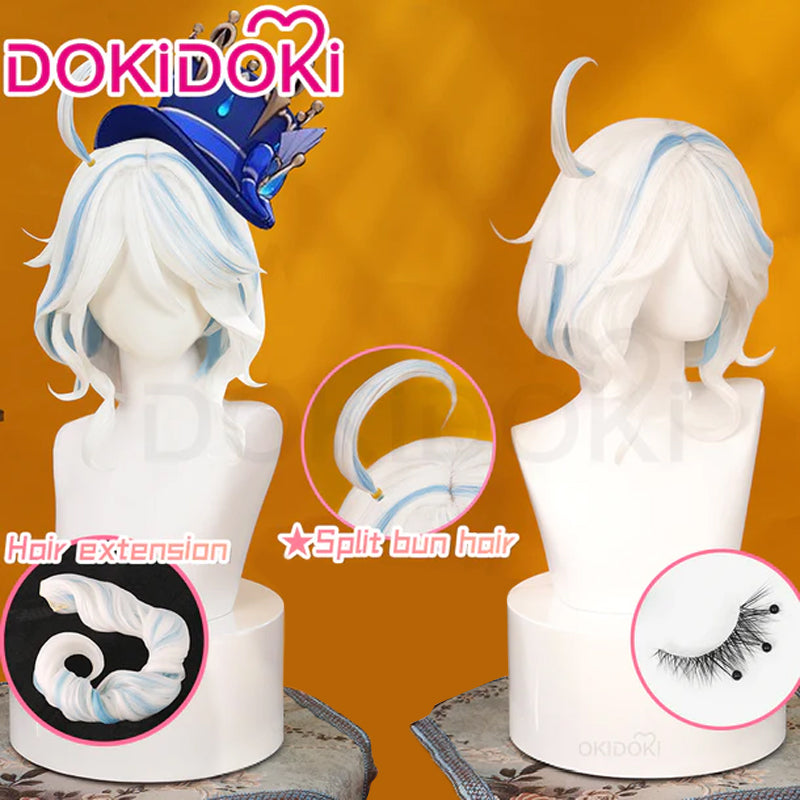 【Partially Ready For Ship】DokiDoki Game Genshin Impact Cosplay Fontaine Focalors Wig Short White Blue Curly Furina Wig / Fake Eyelashes / Hat