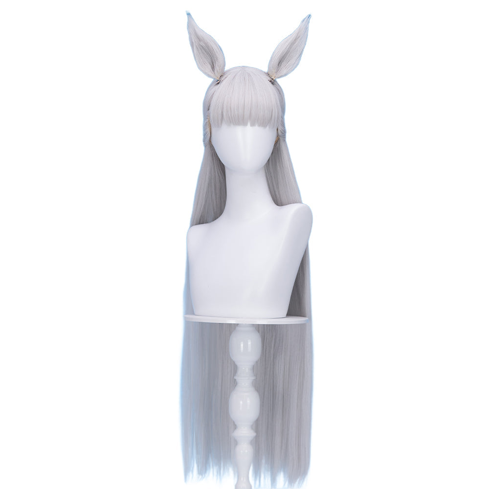 DokiDoki Game Cosplay Wig Long Straight Silver Hair Detachable Ears