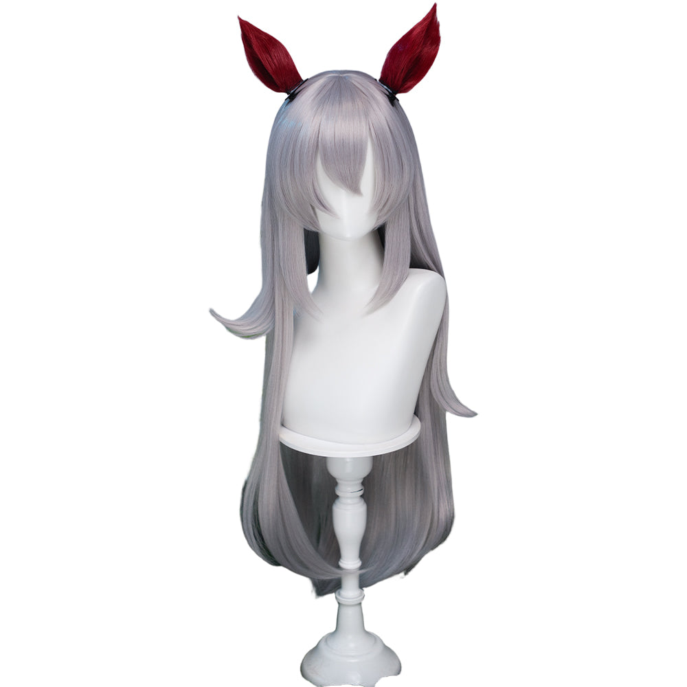 DokiDoki Game Cosplay Wig Long Straight Silver Hair Red Detachable Ears