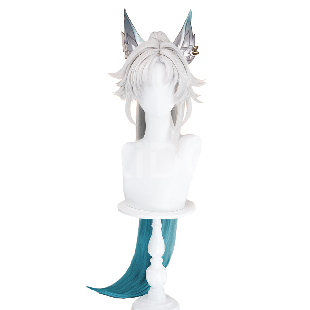 【Ready For Ship】DokiDoki Game Honkai: Star Rail Cosplay Feixiao Wig Long Straight Grey Blue Hair / Tattoo Sticker Fei Xiao