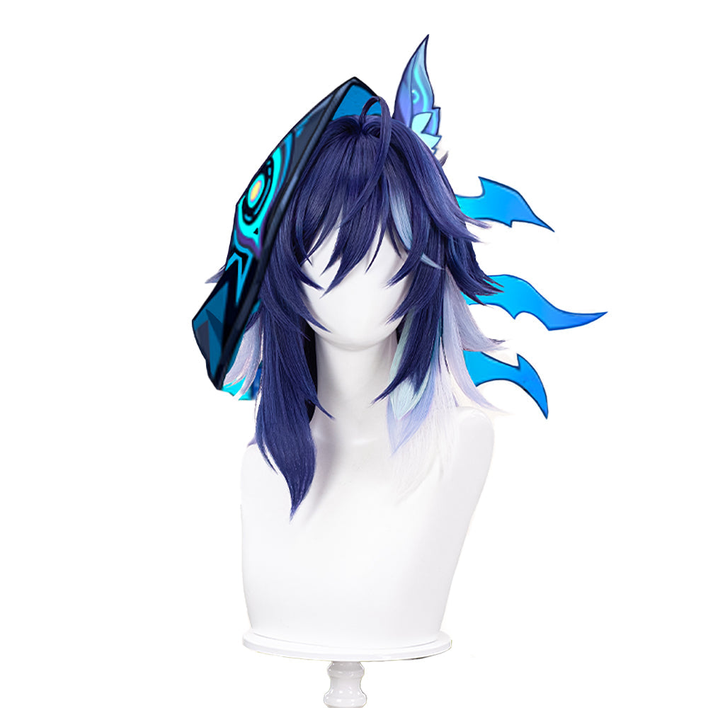 【Ready For Ship】DokiDoki Game Genshin Impact Ororon Cosplay Wig / Tattoo Sticker / Ears Long Straight Navy Blue Light Blue Highlights Hair Natlan
