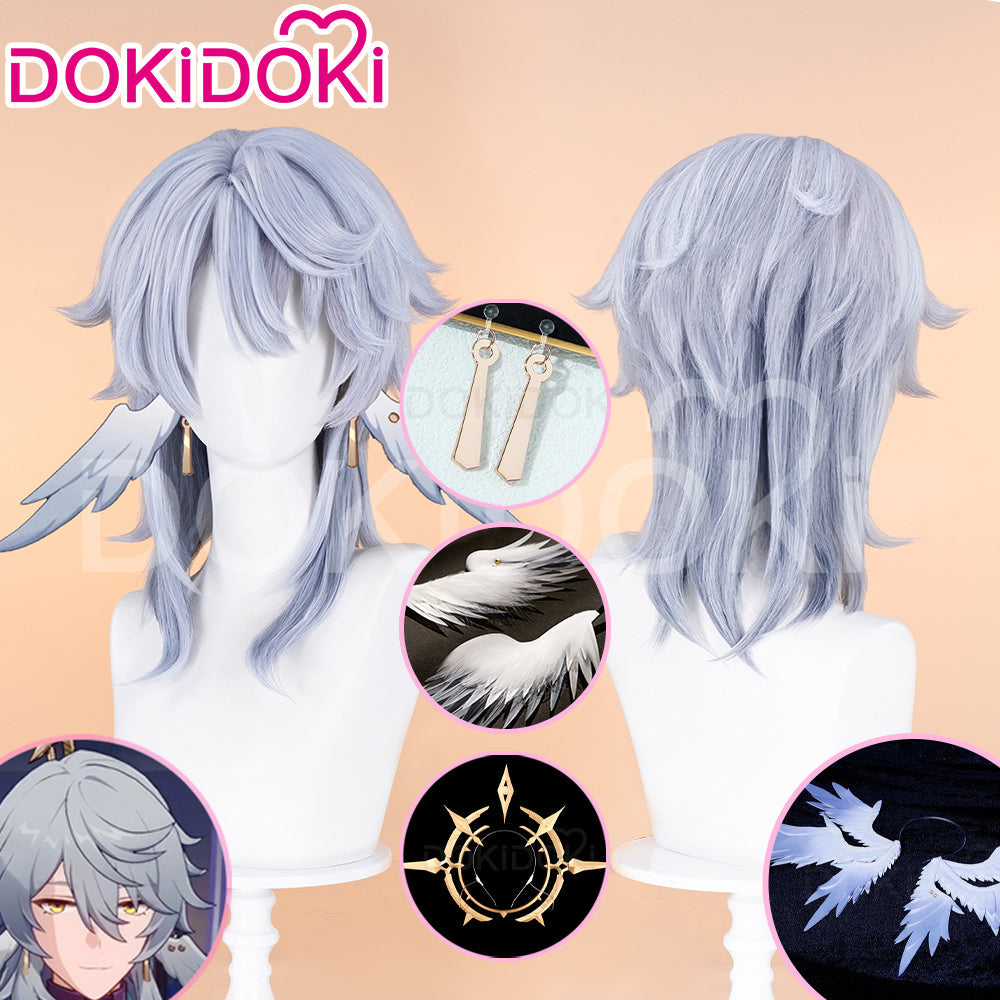 【Ready For Ship】DokiDoki Game Honkai: Star Rail Cosplay Sunday Wig Long Straight Grey Hair/ Earring / Ear Feather Hair Clips / Seraphim Wings Headwear