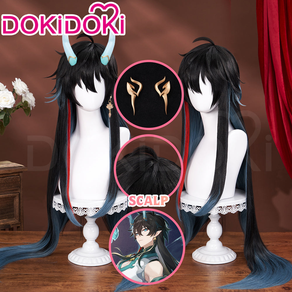 【Ready For Ship】DokiDoki Game Honkai: Star Rail Cosplay Dan Heng Imbibitor Lunae Wig Danheng Long Black Green / Horns / Head Accessory