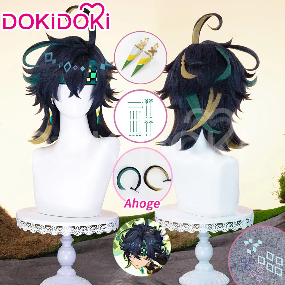 【Ready For Ship】DokiDoki Game Genshin Impact Cosplay Kinich Wig Short Black Green / Yellow Highlights Hair / Tattoo Sticker / Ear Clip / Head Accessories /  Weft Natlan