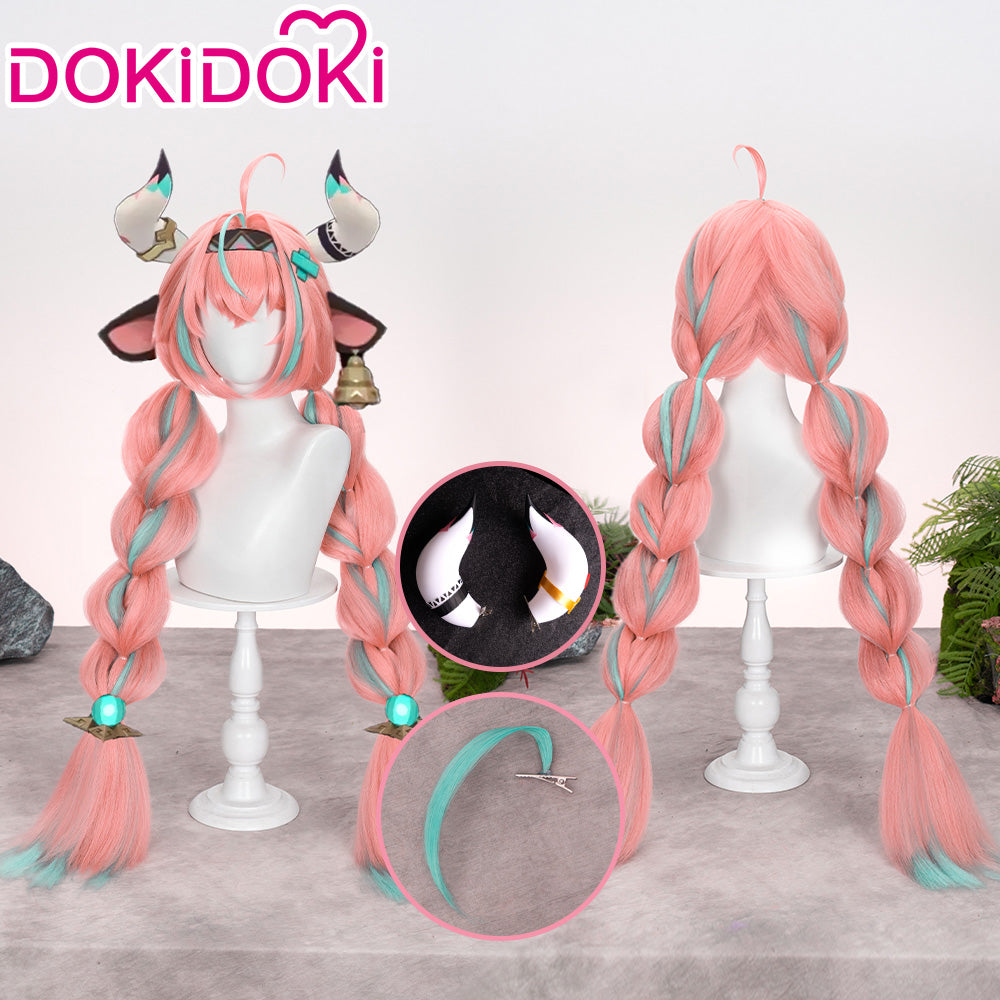 【Wig Ready For Ship】DokiDoki Game Genshin Impact Cosplay Varesa Wig / Horn / Eyelashes Long Pink Green Highlights Hair Removable Ahoge