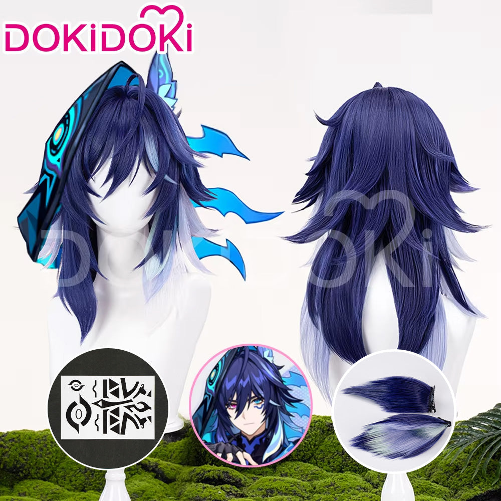 【Ready For Ship】DokiDoki Game Genshin Impact Ororon Cosplay Wig / Tattoo Sticker / Ears Long Straight Navy Blue Light Blue Highlights Hair Natlan