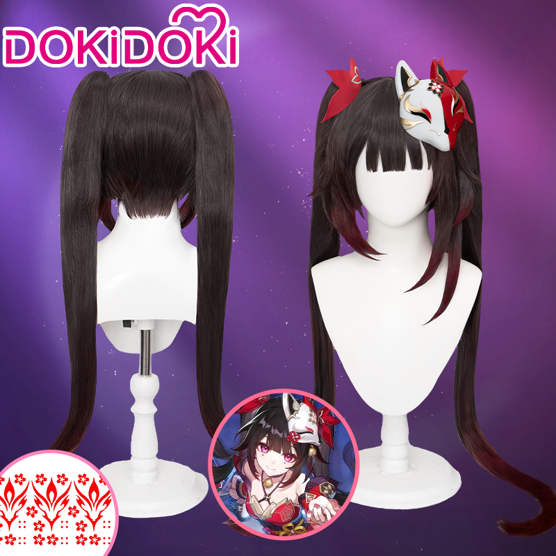 DokiDoki Game Honkai: Star Rail Cosplay Hanabi Wig / Mask / Headwear / Tattoo Long Brown Twin Tail/ Long Straight Red Gradient Hair Cute Miss Sparkle